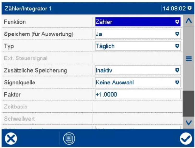 Zähler/Integrator 1 14:08:02 Funktion Zähler Speichern (für Auswertung) Ja Typ Täglich Ext. Steuersignal Zusätzliche Speicherung Inaktiv Signalquelle Keine Auswahl Faktor +1.0000 Zeitbasis Schwellwert