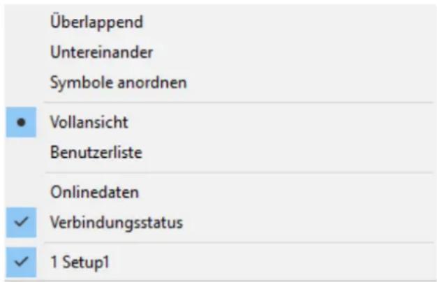 Überlappend Untereinander Symbole anordnen • Vollansicht Benutzerliste Onlinedaten ✓ Verbindungsstatus ✓ 1 Setup1