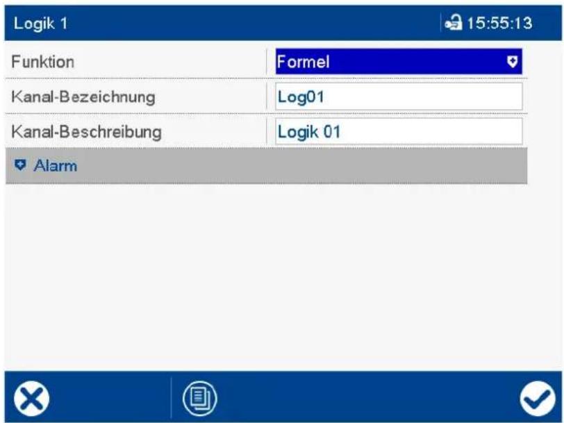 Logik 1 15:55:13 Funktion Formel Kanal-Bezeichnung Log01 Kanal-Beschreibung Logik 01 Alarm