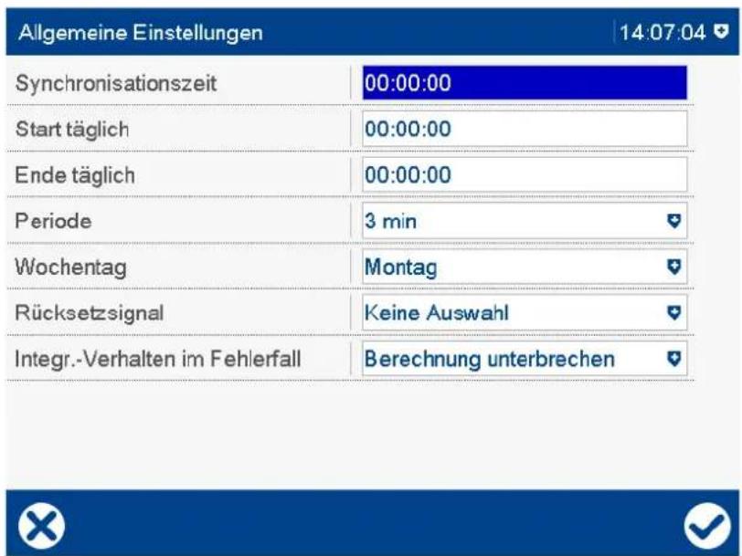 Allgemeine Einstellungen 14:07:04 Synchronisationszeit 00:00:00 Start täglich 00:00:00 Ende täglich 00:00:00 Periode 3 min Wochentag Montag Rücksetzsignal Keine Auswahl Integr.-Verhalten im Fehlerfall Berechnung unterbrechen