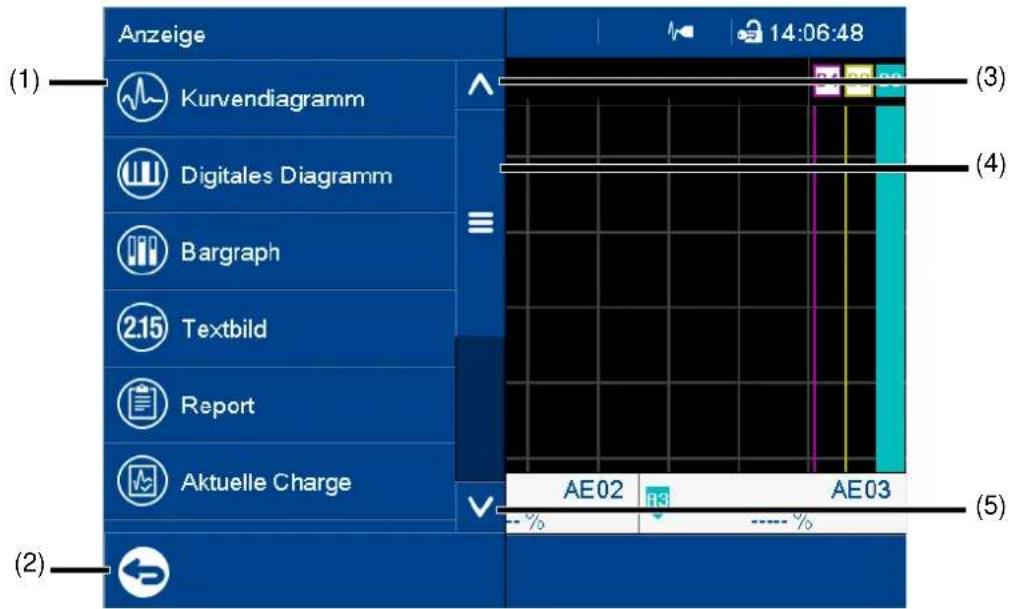 (1) Anzeige Kurvendiagramm Digitales Diagramm Bargraph 2.15 Textbild Report Aktuelle Charge (2) AE02 AE03 (3) (4) (5)