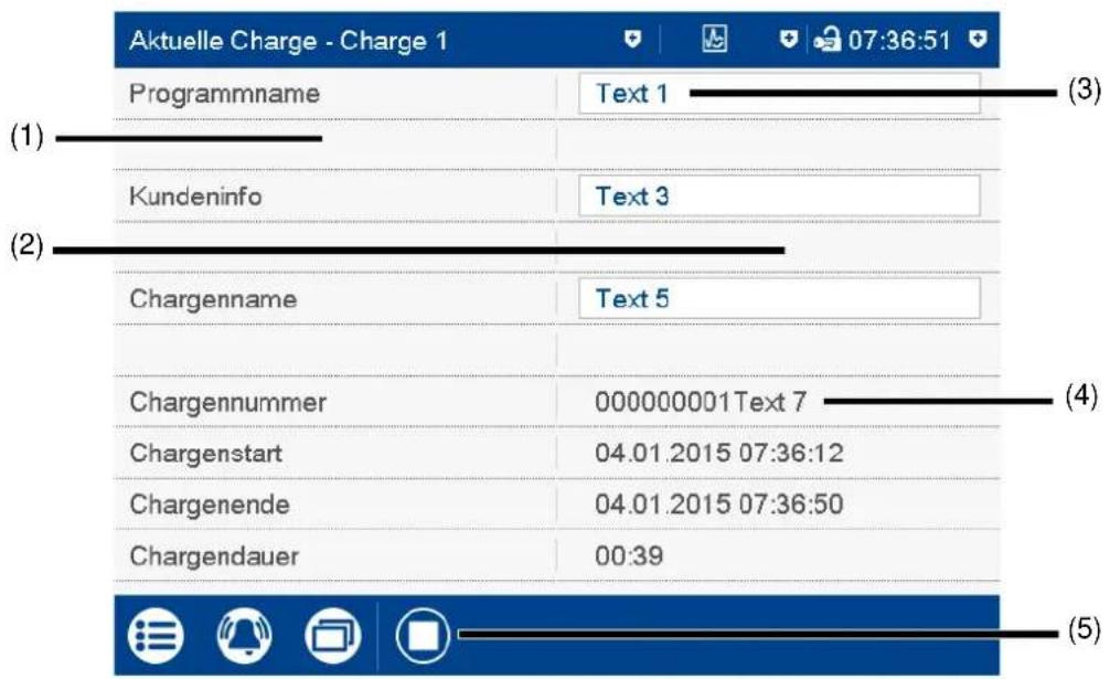Aktuelle Charge - Charge 1 Programmname Text 1 Kundeninfo Text 3 Chargenname Text 5 Chargennummer 000000001Text 7 Chargenstart 04.01.2015 07:36:12 Chargenende 04.01.2015 07:36:50 Chargendauer 00:39