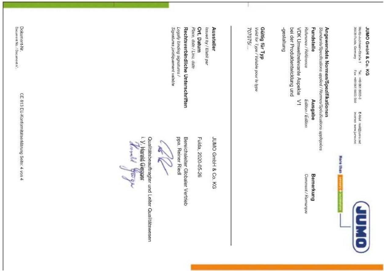 JUMO Gmbh & Co. KG Angewandete Nomern/Spezifikationen Standard/Spezifikations applied / Nomers/Spocicazioni appliugoes Fundstelle Ausgabe Bemerkung VDC Umwelterlavnte Aspeake VI bel der Produkentwicklung und -geselung Gutigt für Typ Vand vor Type / Verteile pour le type 7070751... Aussteller JUMO Gmbh & Co. KG Issued by / Eiesel Par Ort. Daimm Place, date / Leu. date Rechtsverbindliche Unternehmen Ppa. Riene Redell Quallabsbedürter und Leter Quallstewesen Y. Händige Oeger CE 813 EU-Kondominansderung Seite: 4 von 4 Dokument-Nr. Besurden N. Beschort Na./Beschort n.