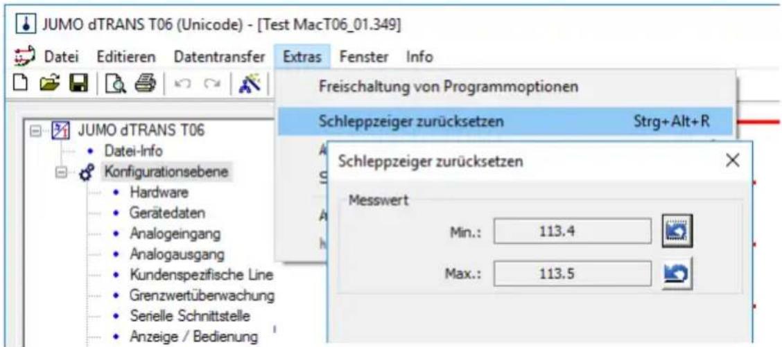 JUMO dTRANS T06 (Unicode) - [Test MacT06_01.349] Datei Editieren Datentransfer Extras Fenster Info Freischaltung von Programmoptionen Schleppzeiger zurücksetzen Strg+Alt+R Schleppzeiger zurücksetzen Messwert Min.: 113.4 Max.: 113.5