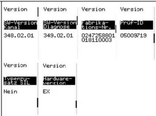 Version SW-Version kanal 348.02.01 SU-Version Diagnose 349.02.01 Fabrika- tions-Nr. 0247258801 018110003 Prüf-ID 05009719 Version Typenzu- satz SIL Nein EX