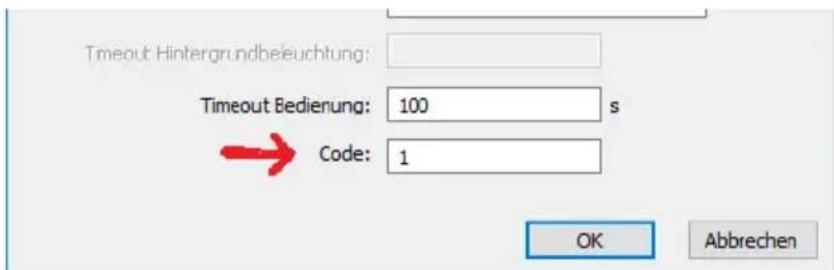 Timeout Hintergrundbeieuchtung: Timeout Bedienung: 100 s Code: 1 OK Abbrechen