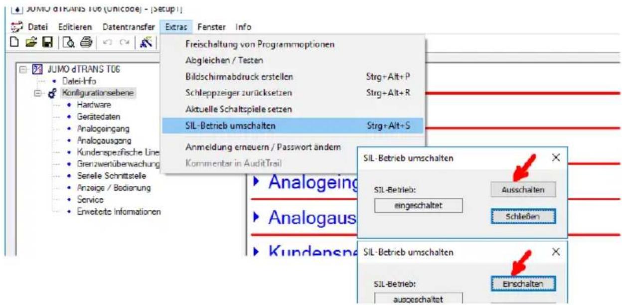 JUMO dTRANS T06 (Unicode) - [Setup] Datei Editieren Datentransfer Extras Fenster Info Freischaltung von Programmoptionen Abgleichen / Testen Bildschirmabdruck erstellen Strg+Alt+P Schleppzeiger zurücksetzen Strg+Alt+R Aktuelle Schaltspiele setzen SIL-Betrieb umschalten Strg+Alt+S Anmeldung erneuern / Passwort ändern Kommentar in AuditTrail SIL-Betrieb umschalten SIL-Betrieb: eingeschaltet Ausschalten Schließen Analogeing Analogaus Kundenspe SIL-Betrieb umschalten SIL-Betrieb: aussgeschaltet Einschalten