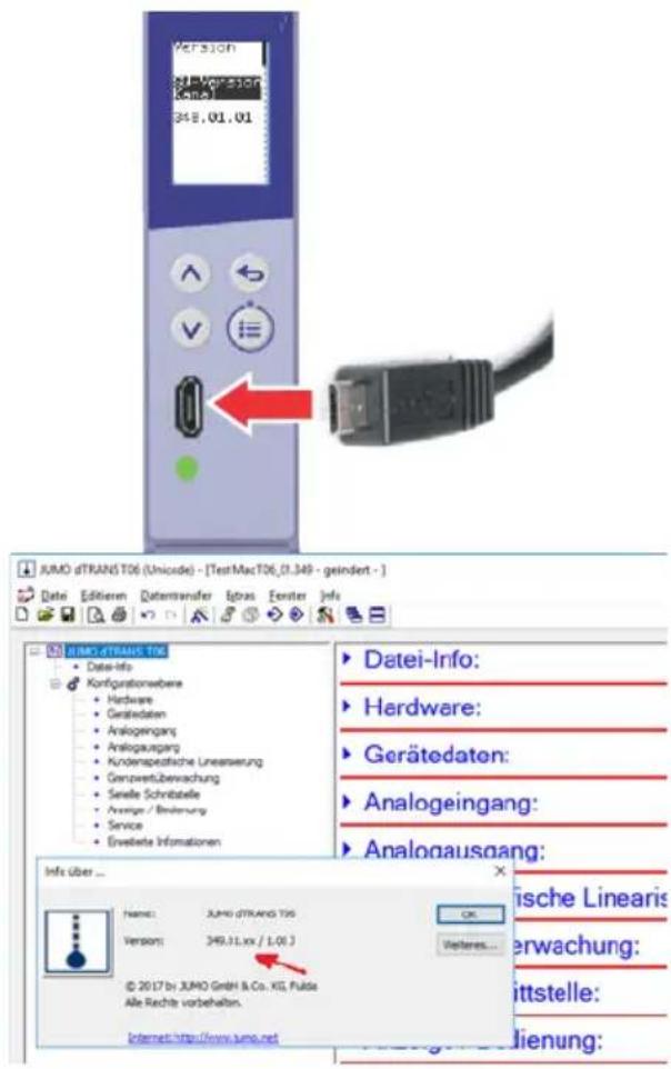 JUMO dTRANG T06 (Unicode) - [TestMacT06_01.349 - geindert - ] Datei-Info: Hardware: Gerätedaten: Analogeingang: Analogausgang: Kundenpapafliche Linearisierung Genzwertüberwachung Senelle Schrittabelle Anfang / Börungung Service Enwerte Informationen Datei-Info: Hardware: Gerätedaten: Analogeingang: Analogausgang: Info über ... Name: JUMO dTRANG T06 Version: 349.31.xx / 1.01 | © 2017 by JUMO GmbH & Co. KG, Fülde Alle Rechte vorbehalten. Internet: http://www.jumo.net