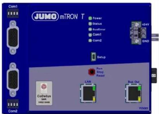 JUMO mTRON T Power Status BusError Com1 Com2 +24V GND Setup Run Stop Reset LAN Bus Out CoDaliys BAN 190378468 705001