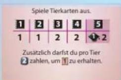 Spiele Tierkarten aus. 1 2 3 4 5 1 1 2 2 2 Zusätzlich darfst du pro Tier zahlen, um zu erhalten.
