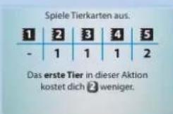 Spiele Tierkarten aus. 1 | 2 | 3 | 4 | 5 - | 1 | 1 | 1 | 2 Das erste Tier in dieser Aktion kostet dich 2 weniger.