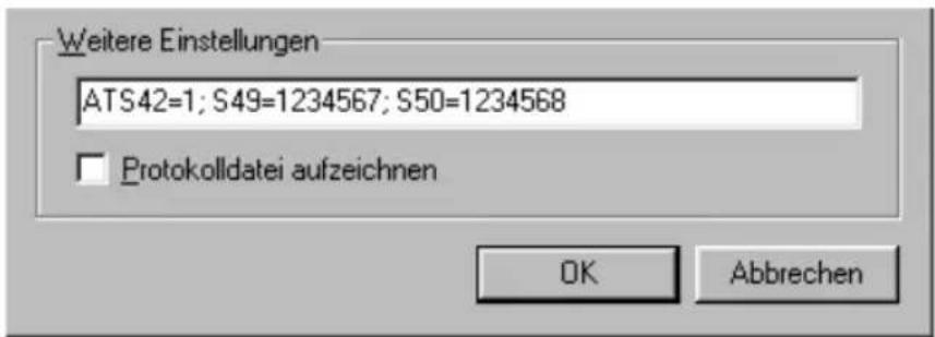 Weitere Einstellungen ATS42=1; S49=1234567; S50=1234568 Protokolldatei aufzeichnen OK Abbrechen