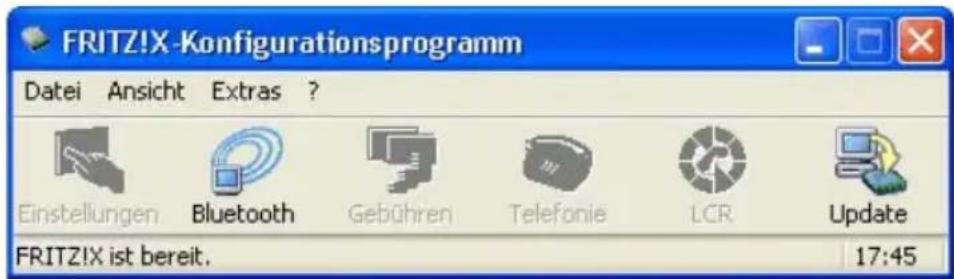 FRITZ!X-Konfigurationsprogramm Datei Ansicht Extras ? Einstellungen Bluetooth Gebühren Telefonie LCR Update FRITZ!X ist bereit. 17:45