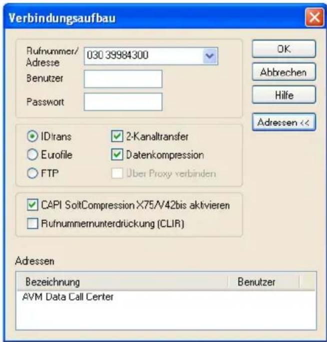 Verbindungsaufbau Rufnummer/ 030 39984300 Adresse Benutzer Passwort IDtrans ✓ 2-Kanaltransfer Eurofile ✓ Datenkompression FTP ✓ Über Proxy verbinden CAPI SoltCompression X75/V42bis aktivieren Rufnummernunterdrückung (CLIR) Adressen Bezeichnung Benutzer AVM Data Call Center