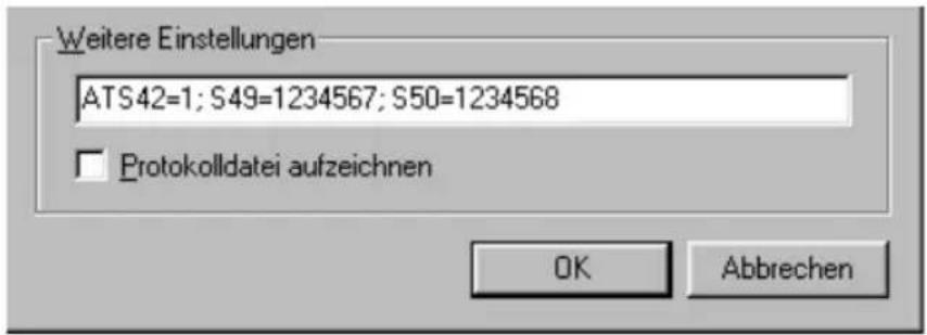 Weitere Einstellungen ATS42=1; S49=1234567; S50=1234568 Protokolldatei aufzeichnen OK Abbrechen