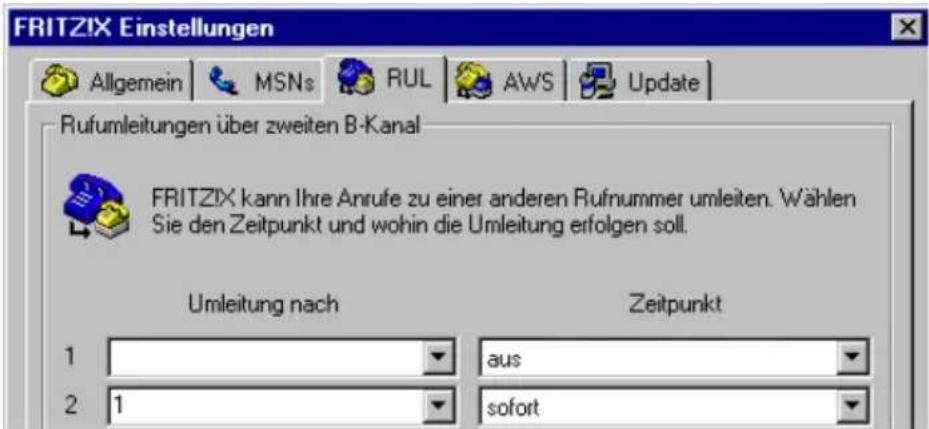 FRITZIX Einstellungen Allgemein MSNs RUL AWS Update Rufumleitungen über zweiten B-Kanal FRITZIX kann Ihre Anrufe zu einer anderen Rufnummer umleiten. Wählen Sie den Zeitpunkt und wohin die Umleitung erfolgen soll. Umleitung nach Zeitpunkt 1 aus 2 1 sofort