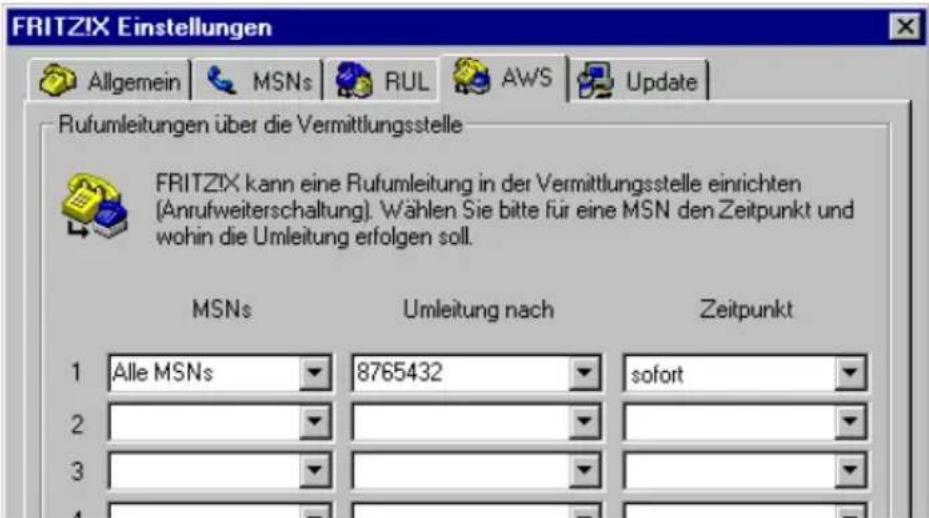 FRITZIX Einstellungen Allgemein | MSNs | RUL | AWS | Update | Rufumleitungen über die Vermittlungsstelle FRITZIX kann eine Rufumleitung in der Vermittlungsstelle einrichten (Anrufweiterschaltung). Wählen Sie bitte für eine MSN den Zeitpunkt und wohin die Umleitung erfolgen soll. MSNs Umleitung nach Zeitpunkt 1 Alle MSNs 8765432 sofort 2 3 4