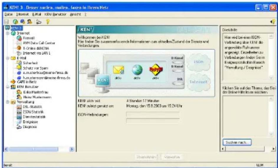 KEN! 3 Besser surfen, mailen, fazien in Ihrera Netz Data: Internet E-Mail KEN! Benutzer Ansicht 2 Internet Fresell AMM Data Call Center T-Online did 07/16 Internet via LAN 1 E-Mail Sicherheit Schutz vor 5pm e.musterfrau@mine-firms.de humatermann@mine-firms.de CAPI in Netz KEN! Benutzer Enka Masterfrau Henry Mastermann Verwaltung DSL-Statistik ESDN-Statistik Diendestatistik Beignisse Diagnisse KEN! aktiv seit 4 Stunden 17 Minuten KEN! aktiv seit genutzt am Monlag, den 15.9.2003 um 15.24 Uhr ISDN-Verbindungen: Dietutsfälle Her wird bei einer ISDN- Verbindung über KEN! die angerechte Führungen engeregt. Einzelheiten zu Verbindungen finden Sie im Erlögensprotokoll im Bereich "Verwaltung / Erlögens"." Klicken Sie auf das Thems, das Siei des Online-Hilte lesen möchten. Suchen nach... Übarenhafen Operation Berein: 12.9M