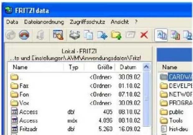 FRITZI data Data Dateianordnung Zugriffsschutz Ansicht ? Lokal - FRITZI ...te und Einsellungen\AVM\Anwendungsdalen\Fritzl Name Typ Größe Datum . 30.09.02 Fax 01.10.02 Fon 07.10.02 Vox 30.09.02 Access dbf 405 08.10.02 Access mdx 4.096 08.10.02 Fritzadr dbf 5.260 16.09.02 Name CARDWA DEVELOPE NETWORK PROGRAMA public Tools hist-deu