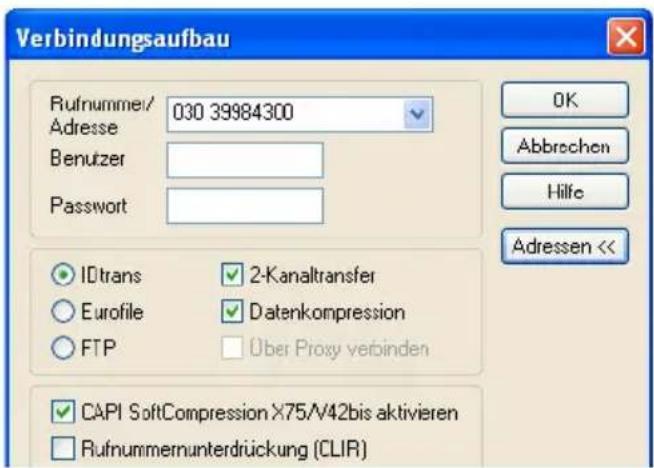 Verbindungsaufbau Rufnummer/ 030 39984300 Adresse Benutzer Passwort IDtrans 2-Kanaltransfer Eurofile Datenkompression FTP Über Proxy verbinden CAPI SoftCompression X75/V42bis aktivieren Rufnummernunterdrückung (CLIR) OK Abbrechen Hilfe Adressen <<