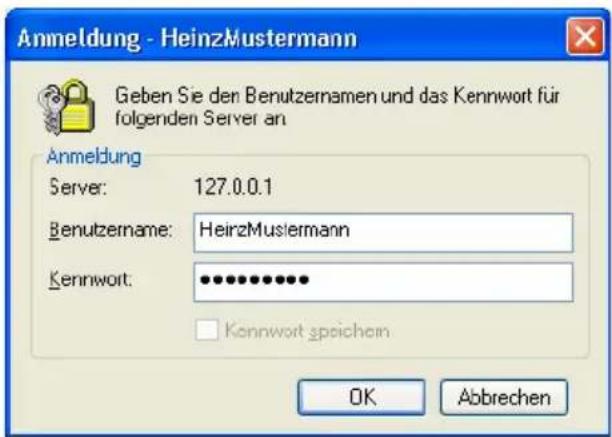 Anmeldung - HeinzMustermann Geben Sie der Benutzernamen und das Kennwort für folgenden Server an Anmeldung Server: 127.0.0.1 Benutzername: HeirzMustermann Kennwort: •••••••••••• Kennpwort speichem OK Abbrechen