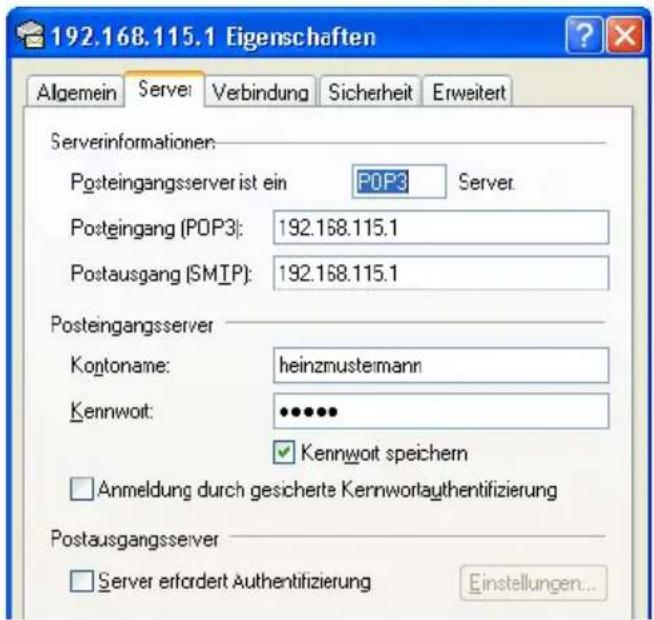 192.168.115.1 Eigenschaften Algemein Serve Verbindung Sicherheit Erweitert Serverinformationen: Posteingangsserver ist ein POP3 Server Posteingang (POP3): 192.168.115.1 Postausgang (SMIP): 192.168.115.1 Posteingangsserver Kontoname: heinzmustermann Kennwoit: •••••• Kennwoit speichern Anmeldung durch gesicherte Kernwortauthentifizierung Postausgangsserver Server erfordert Authentifizierung Einstellungen...