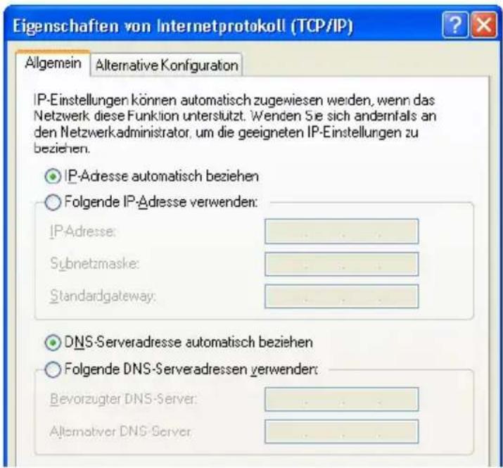 Eigenschaften von Internetprotokoll (TCP/IP) Allgemein Alternative Konfiguration IP-Einstellungen können automatisch zugewiesen werden, wenn das Netzwerk diese Funktion unterstützt. Wenden Sie sich andernfals an den Netzwerk-administrator, um die geeigneten IP-Einstellungen zu beziehen. IP-Adresse automatisch beziehen Folgende IP-Adresse verwenden: IP-Adresse: .... .... .... Subnetzmaske: .... .... .... .... Standardgateway: .... .... .... .... DNS-Serveradresse automatisch beziehen Folgende DNS-Serveradressen verwenden: Bevorzugter DNS-Server: .... .... .... .... Alternativer DNS-Server: .... .... .... ....
