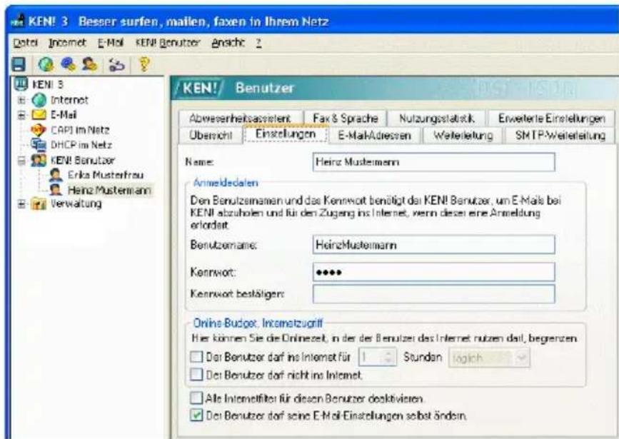 KEN! 3 Besser surfen, mailen, faxen in Ihrem Netz Date! Internet E-Mail KEN! Benutzer Ansicht 2 KEN! 3 Internet E-Mail CAPI Im Netz DHCP im Netz KEN! Benutzer Erika Musterfrau Heinz Mustermann Verwaltung / KEN!/ Benutzer Abwesenheitspassiert Fax & Sprache Nutzungstabstik Enweiterte Einsellungen Übersicht Einstellungen E-Mail Adressen Weiterleitung SMTP-Weiterstellung Name: Heinz Mustermann Anmeldedaten Den Benutzemamen und das Kennwort benötigt der KEN! Benutzer, um E-Mals bei KEN! abzuholen und für den Zugang ins Internet, wenn diese eine Anmeldung erfordert Benutzemame: HeinzMustermann Kennwort: Kennwort bestäigen: Online Budget. Inmsatzugriff Her können Sie die Onlinezeit, in der der Benutzer das Internet nutzen damit, begrenzen. Der Benutzer darf ins Internet für 1 - Stunden möglich Der Benutzer darf nicht ins Internet. Alle Intemetfilter für diesen Benutzer desktivieren. Der Benutzer darf seine E-Mail Einsstellungen selbst ändern.