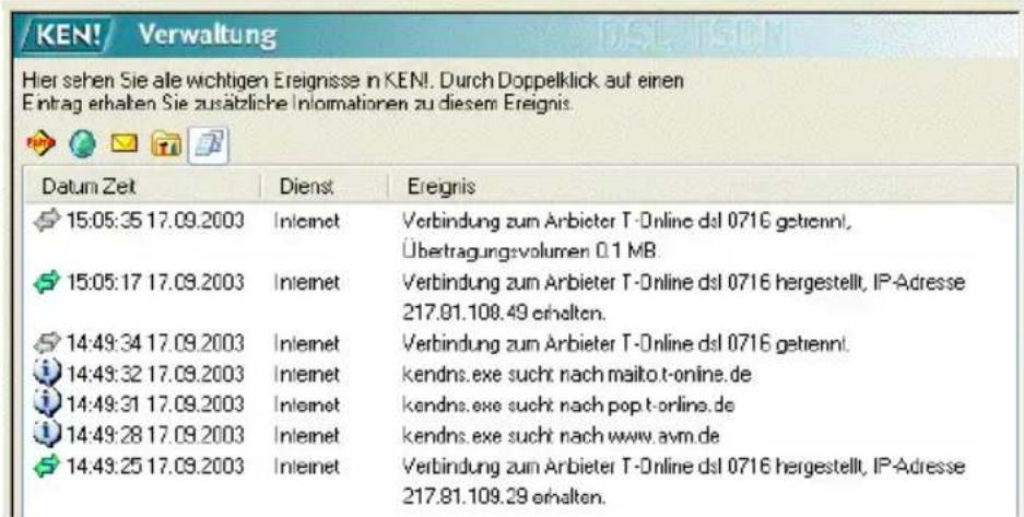 KEN! Verwaltung Hier sehen Sie alle wichtigen Ereignisse in KEN!. Durch Doppelklick auf einen Eintrag erhalten Sie zusätzliche Informationen zu diesem Ereignis. Datum Zeit Dienst Ereignis 15:05:35 17.09.2003 Inletnet Verbindung zum Arbieter T-Online dsl 0716 getiennl, Übertragungsvolumen 0.1 MB. 15:05:17 17.09.2003 Inletnet Verbindung zum Arbieter T-Online dsl 0716 hergestellt, IP-Adresse 217.81.108.49 erhalten. 14:49:34 17.09.2003 Inletnet Verbindung zum Arbieter T-Online dsl 0716 getiennl. 14:49:32 17.09.2003 Inletnet kendns.exe sucht nach mailto.t-online.de 14:49:31 17.09.2003 Inletnet kendns.exe sucht nach pop.t-online.de 14:49:28 17.09.2003 Inletnet kendns.exe sucht nach www.avm.de 14:49:25 17.09.2003 Inletnet Verbindung zum Arbieter T-Online dsl 0716 hergestellt, IP-Adresse 217.81.109.29 erhalten.