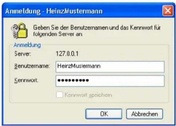 Anmeldung - HeinzMustermann Geben Sie den Benutzernamen und das Kennwort für folgenden Server an Anmeldung Server: 127.0.0.1 Benutzername: HeirzMustermann Kennwort: •••••••••••• Kennpwort speichem OK Abbrechen