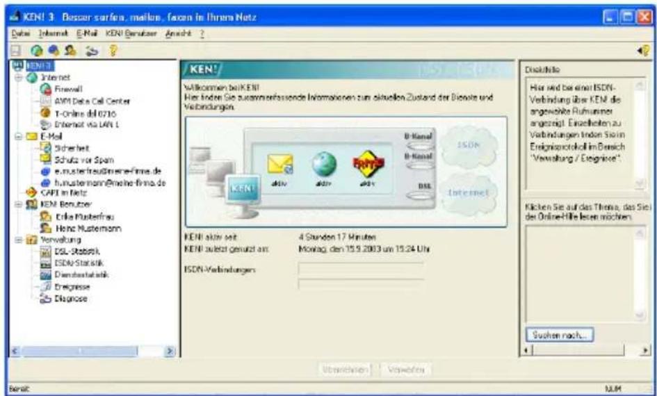 KEN! 3 Beser sarfena, mailon, facan in Ihirna Netz Debei Internet E-Mail KEN! Gerutzer Ansicht ? KEN! 2 Internet Firewall AVM Data Cell Center T-Online del 0716 Internet via LAN 1 E-Mail Sicherheit Schulz vor Spam e.musterfreudmene-firma.de h.mustermann/Ereine-firma.de CAPI in Netz KEN! Benutzer Erlie Masterfrau Henic Mastermann Verwaltung DSL-Statistik ESD#Statistik Dienstartistik Engrisse Diagnose Wilkommen bei KEN! Hier Inden Sie zusammenfassende Informationen zum aktuellen Zustand der Dienste und Verbindungen. B-Kanal B-Kanal B-Kanal ISDN Interneinet KEN! KEN! aktiv seit 4 Stunden 17 Minuten KEN! aktiver genutzt am: Monlag den 15.9.2003 um 15.24 Uhr ISDN-Verbindungen Diskaufnote Hier sind bei einer ISDN-Verbindung über KEN! die angewährte Ruhnummer angezeigt Einzelheiten zu Verbindungen Inden Sofern Erögensortokoll im Bereich "Verwaltung / Erögensver".