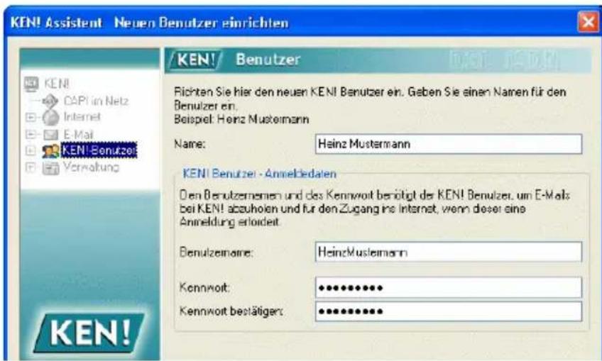 KEN! Assistent Neuen Benutzer einrichten KEN! Benutzer Richten Sie hier den neuen KEN! Benutzer ein. Geben Sie einen Namen für den Benutzer ein. Beispiel: Heinz Mustermann Name: Heinz Mustermann KEN! Benutzer - Anneledaten Den Benutzernemen und des Kennwort benötigt der KEN! Benutzer, um E-Mals bei KEN! abzuholen und für den Zugang ins Internet, wenn dieser eine Anmeldung erloideit Benutzername: HeinzMustermann Kennwort: ••••••••••• Kennwort bestätigert: ••••••••••••