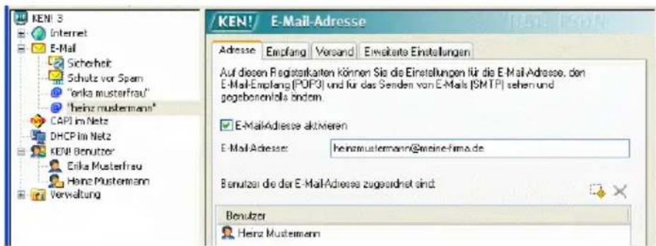 KEN! 3 Internet E-Mail Sicherheit Schutz vor Spam "erka musterfrau" "heinz mustermann* CAPI im Netz DHCP im Netz KEN! Benutzer Erika Musterfrau Heinz Mustermann Verwaltung KEN! E-Mail-Adresse Adresse Empfang Versand Erwektete Einstellungen Auf diesen Registeratkarten können Sie die Einstellungen für die E-Mail-Adresse, den E-Mail-Emplang (POPQ) und für das Senden von E-Mals (SMTP) sehen und gegebenenfalls endem. E-Mail-Adresse aktmieren E-Mail-Adresse: heinzmustermann@meine-fima.de Benutzer die der E-Mail-Adresse zugeordnet sind. Benutzer Hertz Mustermann
