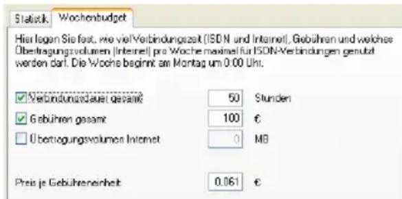 Statistik Wochenbudget Hier logen Sie fest, wie vielVerbindungszeit (ISDN und Internet), Gebühren und welche Übertragungsvolumen (Internet) pro Woche maximal für ISDN-Verbindungen genutzt werden darf. Die Woche beginnt am Montag um 0:00 Uhr. ✓ Verbindungsdatum gesamt 50 Stunden ✓ Gebühren gesamt 100 € ☐ Übertragungsvolumen Internet 0 MB Preis je Gebühreneinheit 0.061 €