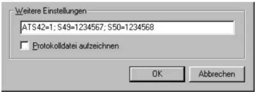 Weitere Einstellungen ATS42=1; S49=1234567; S50=1234568 Protokolldatei aufzeichnen OK Abbrechen