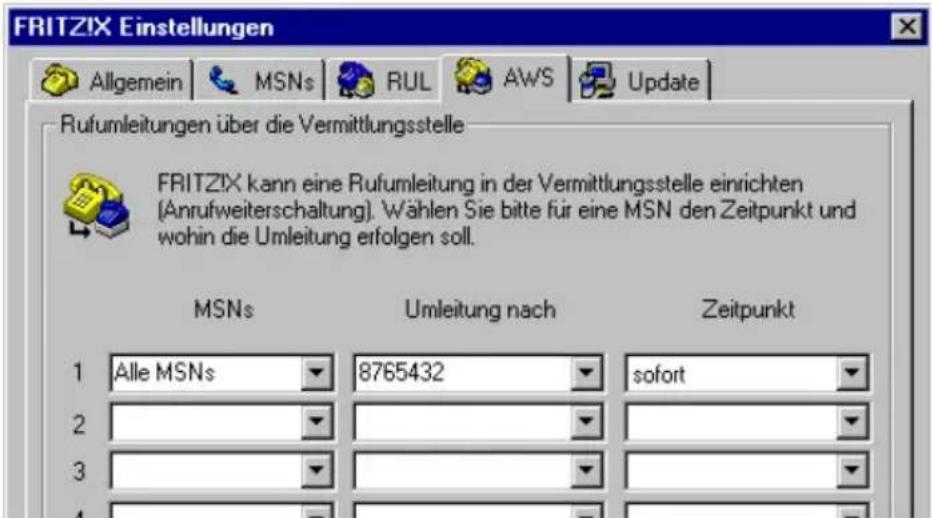 FRITZ!X Einstellungen Allgemein MSNs RUL AWS Update Rufumleitungen über die Vermittlungsstelle FRITZ!X kann eine Rufumleitung in der Vermittlungsstelle einrichten (Anrufweiterschaltung). Wählen Sie bitte für eine MSN den Zeitpunkt und wohin die Umleitung erfolgen soll. MSNs Umleitung nach Zeitpunkt 1 Alle MSNs 8765432 sofort 2 3 4