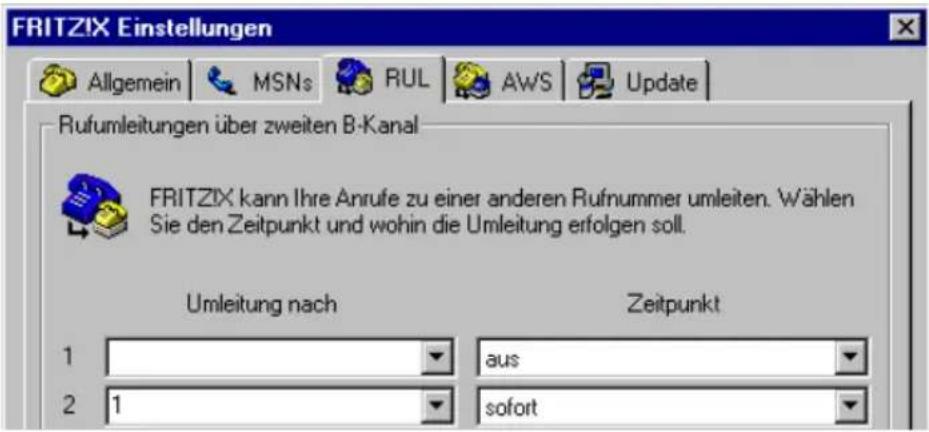 FRITZIX Einstellungen Allgemein MSNs RUL AWS Update Rufumleitungen über zweiten B-Kanal FRITZIX kann Ihre Anrufe zu einer anderen Rufnummer umleiten. Wählen Sie den Zeitpunkt und wohin die Umleitung erfolgen soll. Umleitung nach Zeitpunkt 1 aus 2 1 sofort