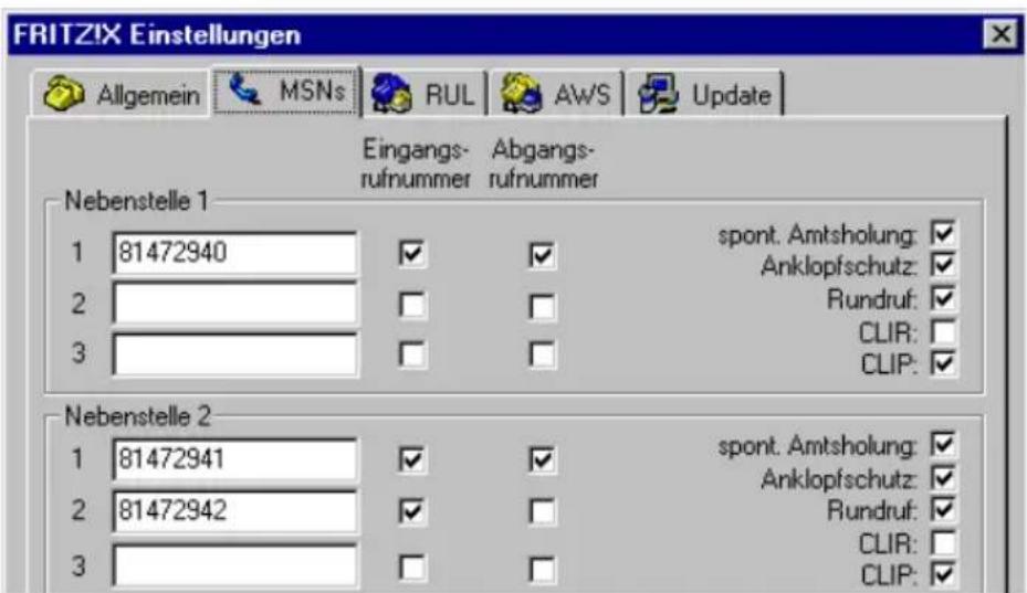 FRITZIX Einstellungen Allgemein MSNs RUL AWS Update Eingangs- rufnummer Abgangs- rufnummer Nebenstelle 1 spont. Amtsholung: ✓ Anklopfschutz: ✓ Rundruf: ✓ CLIR: ✓ CLIP: ✓ Nebenstelle 2 spont. Amtsholung: ✓ Anklopfschutz: ✓ Rundruf: ✓ CLIR: ✓ CLIP: ✓