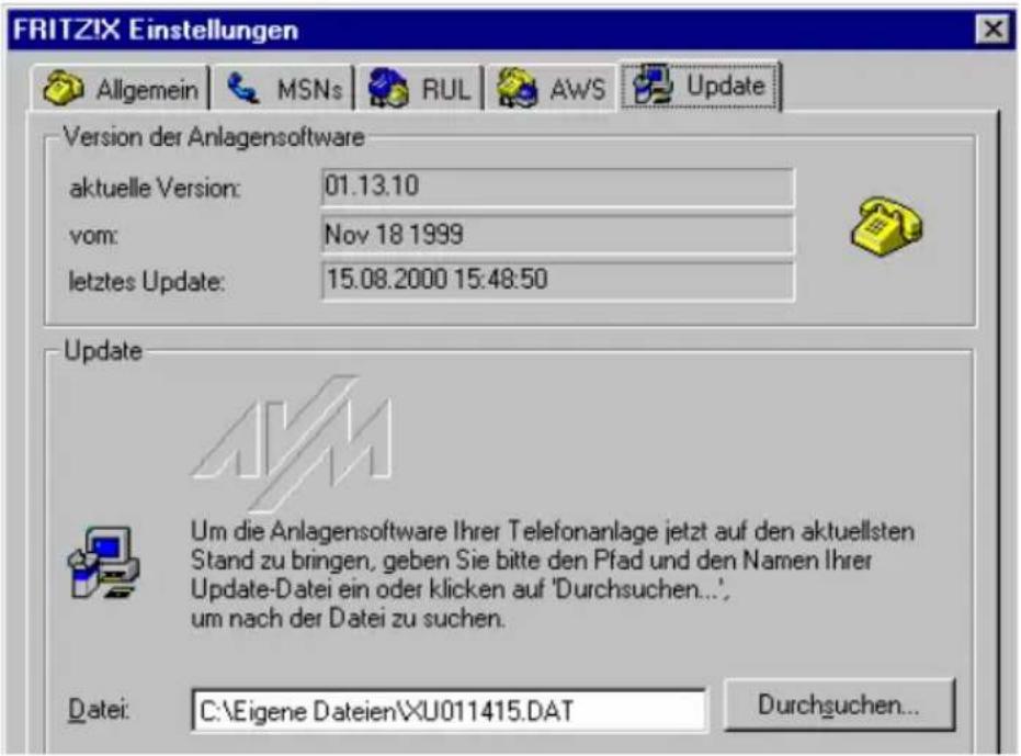 FRITZIX Einstellungen Allgemein MSNs RUL AWS Update Version der Anlagensoftware aktuelle Version: 01.13.10 vom: Nov 18 1999 letztes Update: 15.08.2000 15:48:50 Update Um die Anlagensoftware Ihrer Telefonanlage jetzt auf den aktuellsten Stand zu bringen, geben Sie bitte den Pfad und den Namen Ihrer Update-Datei ein oder klicken auf 'Durchsuchen... um nach der Datei zu suchen. Datei: C:\Eigene Dateien\XU011415.DAT Durchsuchen...