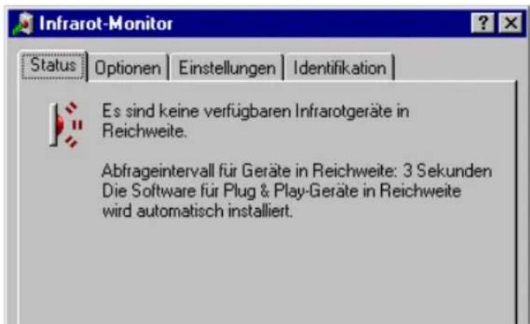 Infrarot-Monitor Status Optionen Einstellungen Identifikation Es sind keine verfügbaren Infrarotgeräte in Reichweite. Abfrageintervall für Geräte in Reichweite: 3 Sekunden Die Software für Plug & Play-Geräte in Reichweite wird automatisch installiert.