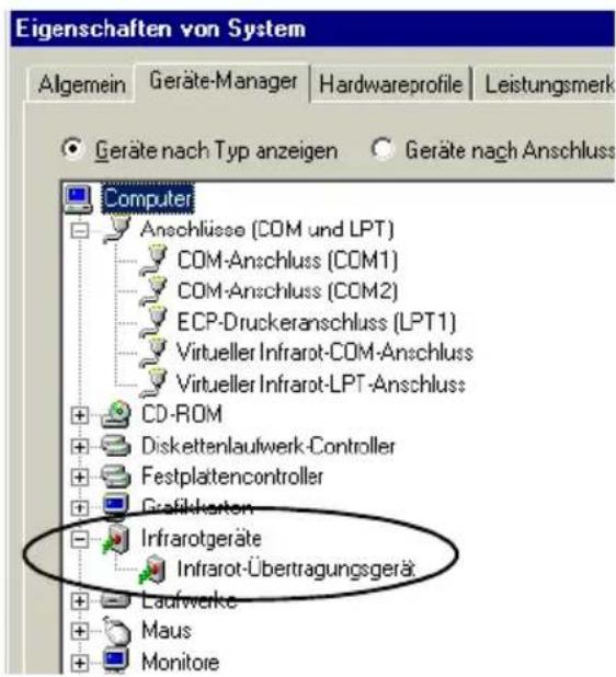 Eigenschaften von System Algemein Geräte-Manager Hardwareprofile Leistungsmerk Geräte nach Typ anzeigen Geräte nach Anschluss Computer Anschlüsse (COM und LPT) COM-Anschluss (COM1) COM-Anschluss (COM2) ECP-Druckeranschluss (LPT1) Virtueller Infrarot-COM-Anschluss Virtueller Infrarot-LPT-Anschluss CD-ROM Diskettenlautwerk-Controller Festplattencontroller Grafikharten Infrarotgeräte Infrarot-Übertragungsgerät Laufwerke Maus Monitore