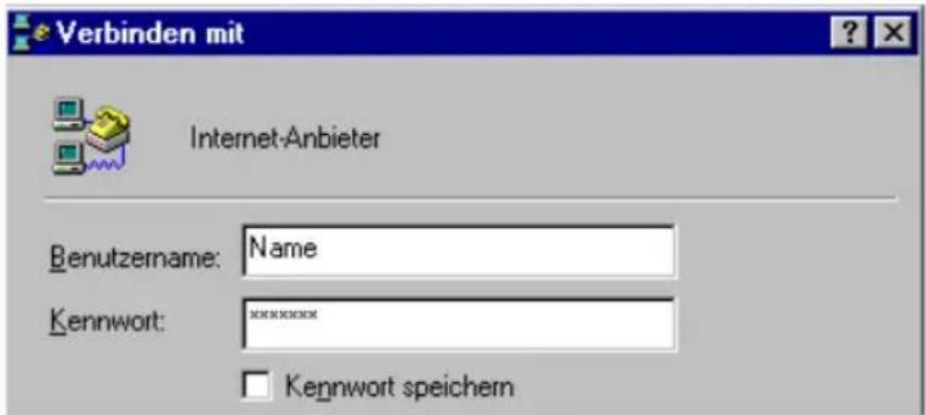 Verbinden mit Internet-Anbieter Benutzername: Name Kennwort: ****** Kennewort speichern