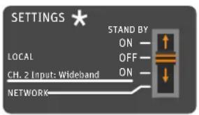 SETTINGS * STAND BY ON — OFF — ON — LOCAL CH. 2 Input: Wideband NETWORK