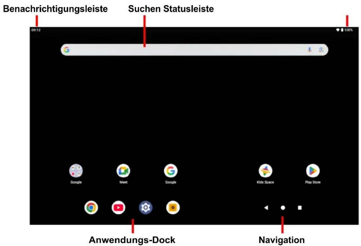 Benachrichtigungsleiste Suchen Statusleiste 09:12 Google Meet Google Kids Space Play Store Anwendungs-Dock Navigation