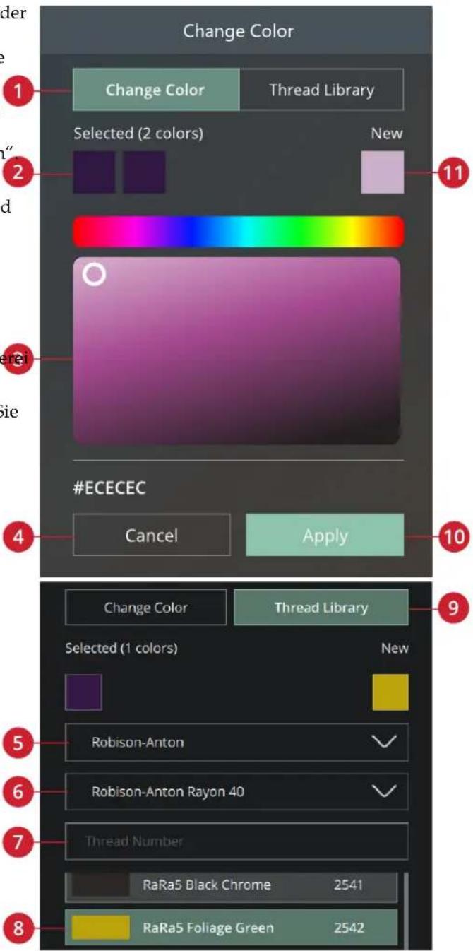 Change Color 1 Change Color Thread Library 2 Selected (2 colors) New 3 11 4 #ECECEC Cancel Apply 10 5 Change Color Thread Library 6 Selected (1 colors) New 7 Robison-Anton ✓ 8 Robison-Anton Rayon 40 ✓ 9 Thread Number RaRa5 Black Chrome 2541 RaRa5 Foliage Green 2542