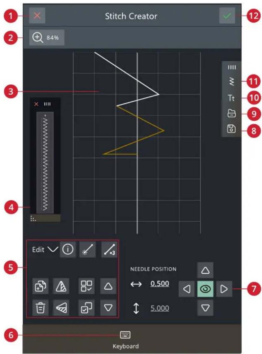 Stitch Creator 84% 12 11 10 9 8 Edit Needle Position 0.500 5.000 7 Keyboard