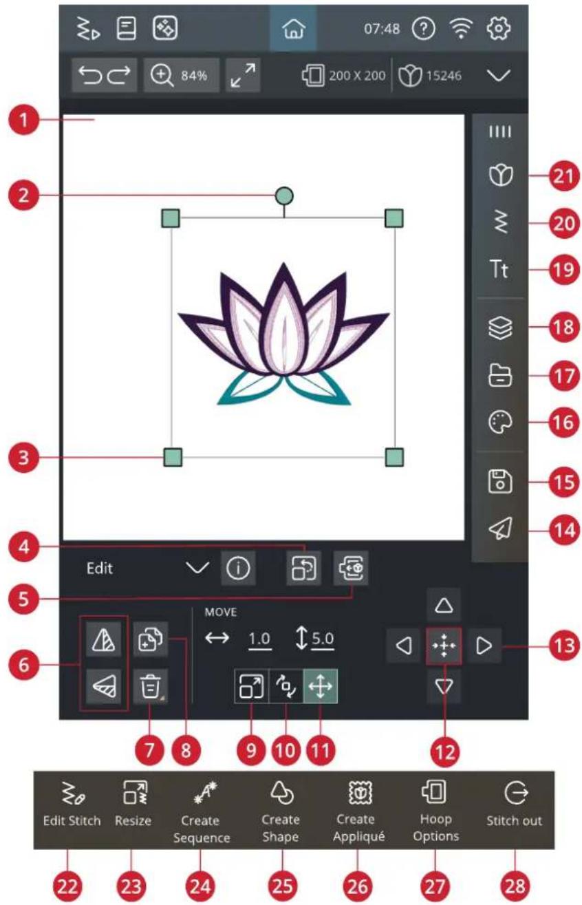 07:48 200 X 200 15246 1 2 3 4 Edit 5 MOVE 6 7 8 9 10 11 12 Edit Stitch Resize Create Sequence Create Shape Create Appliqué Hoop Options Stitch out 22 23 24 25 26 27 28
