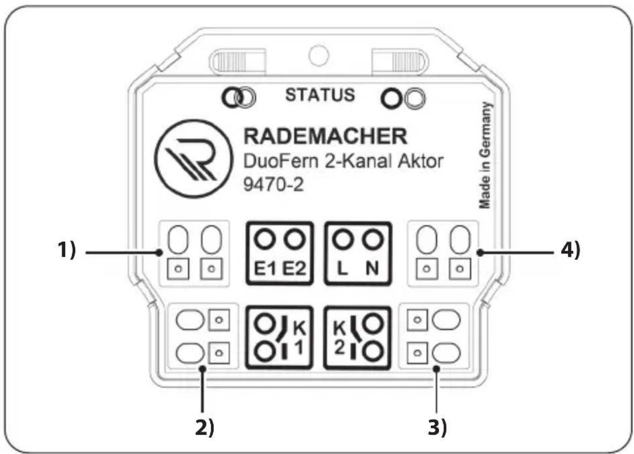 STATUS RADEMACHER DuoFern 2-Kanal Aktor 9470-2 Made in Germany 1) E1 E2 L N 2) K 2 I O 3) 4)
