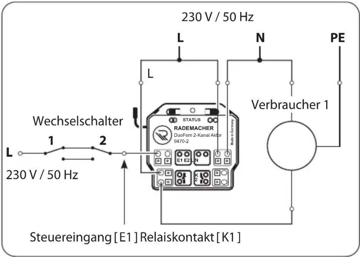 230 V / 50 Hz L N PE Wechselschalter STATUS RADEMACHER DuoFern 2-Kanal Aktor 9470-2 Made in Germany E1 E2 L N K1 K2 Verbraucher 1 Steuereingang [E1] Relaiskontakt [K1]