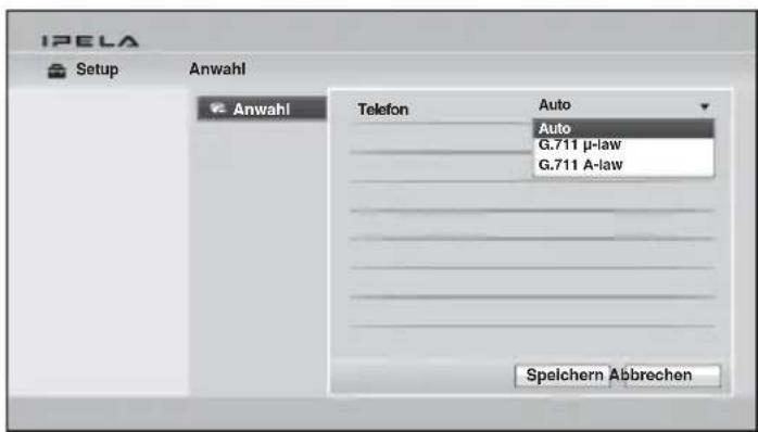 IPELA Setup Anwahl Anwahl Telefon Auto Auto G.711 p-law G.711 A-law Speichern Abbrechen